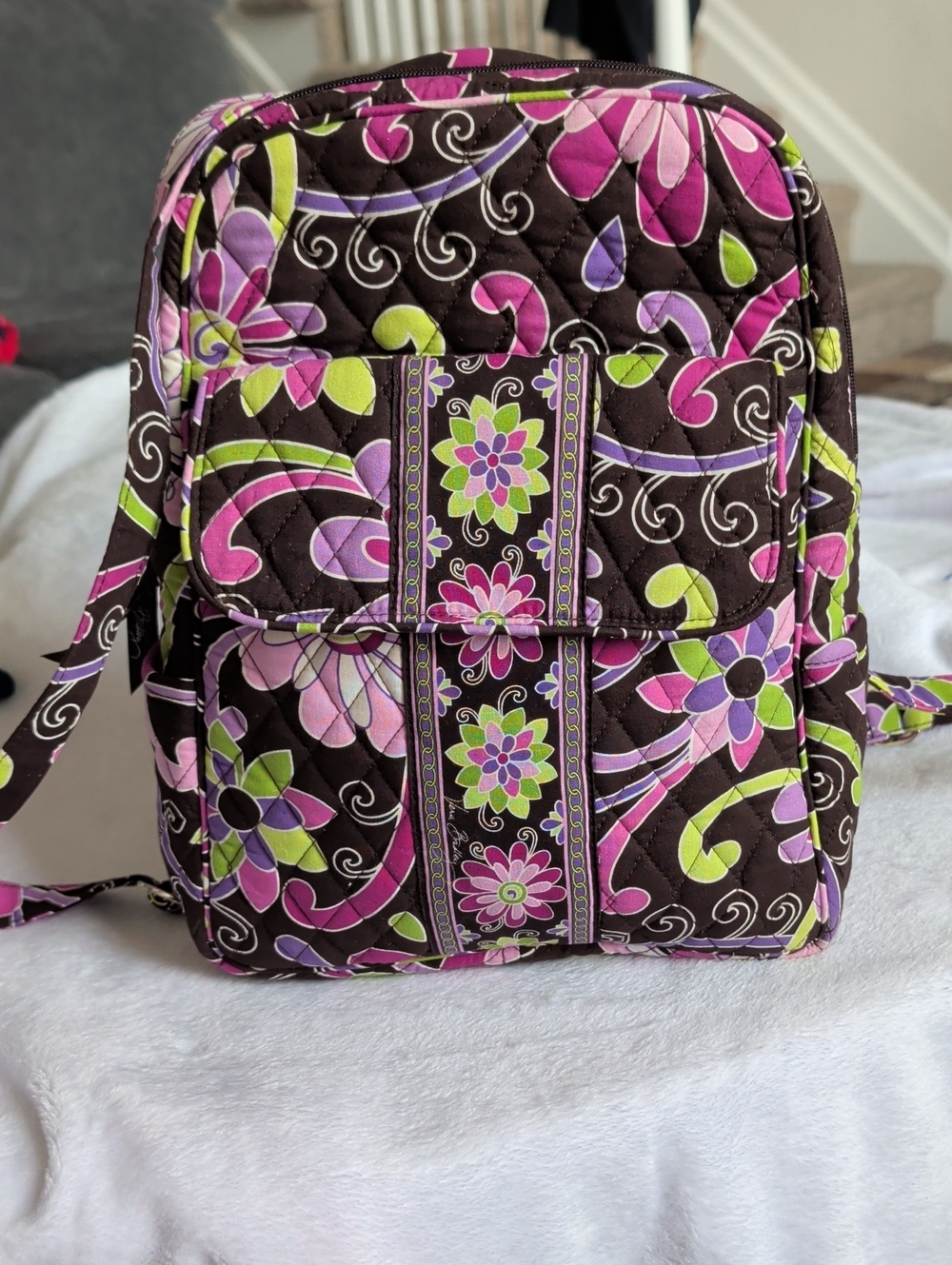 Vera Bradley Quilted Floral Backpack in Brown, Pink & Green